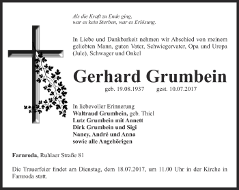 Traueranzeige von Gerhard Grumbein von Thüringer Allgemeine, Thüringische Landeszeitung