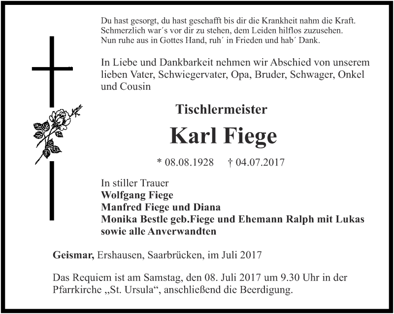  Traueranzeige für Karl Fiege vom 06.07.2017 aus Thüringer Allgemeine