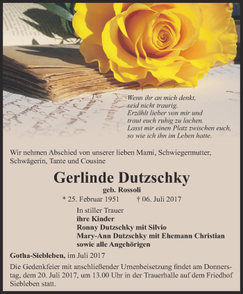 Traueranzeige von Gerlinde Dutzschky von Ostthüringer Zeitung, Thüringische Landeszeitung