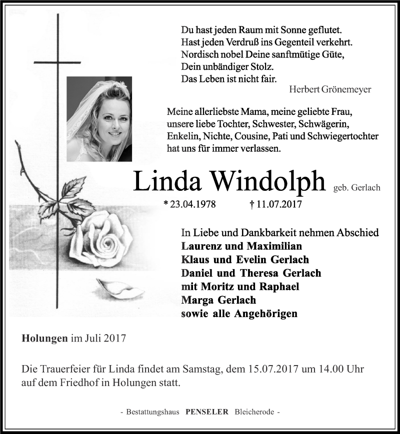  Traueranzeige für Linda Windolph vom 13.07.2017 aus Thüringer Allgemeine
