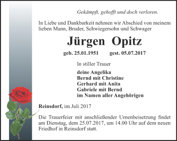 Traueranzeige von Jürgen Opitz von Ostthüringer Zeitung