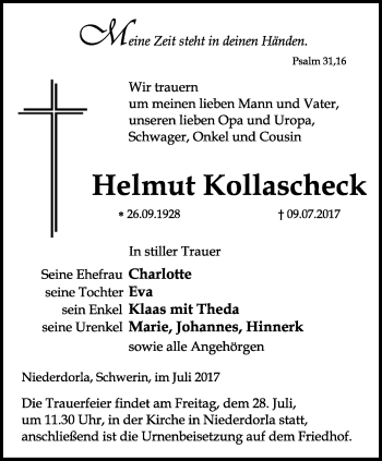Traueranzeige von Helmut Kollascheck von Thüringer Allgemeine, Thüringische Landeszeitung