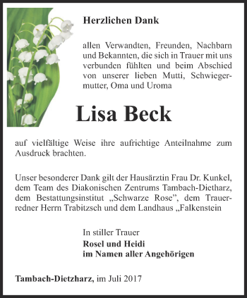 Traueranzeige von Lisa Beck von Ostthüringer Zeitung, Thüringische Landeszeitung