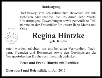 Traueranzeige von Regina Hintzke von Ostthüringer Zeitung