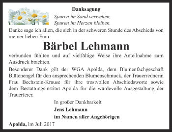 Traueranzeige von Bärbel Lehmann von Thüringer Allgemeine, Thüringische Landeszeitung