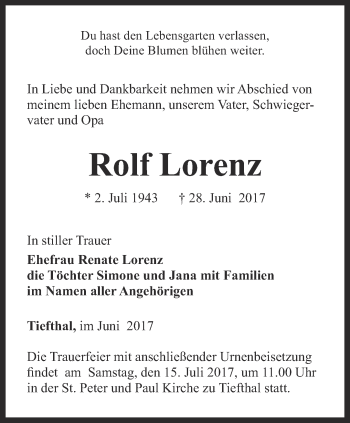 Traueranzeige von Rolf Lorenz von Thüringer Allgemeine, Thüringische Landeszeitung