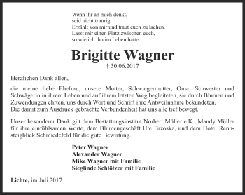 Traueranzeige von Brigitte Wagner von Ostthüringer Zeitung