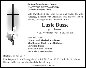 Traueranzeige von Luzie Busse von Thüringer Allgemeine