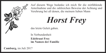 Traueranzeige von Horst Frey von Ostthüringer Zeitung, Thüringische Landeszeitung