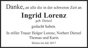 Traueranzeige von Ingrid Lorenz von Thüringer Allgemeine