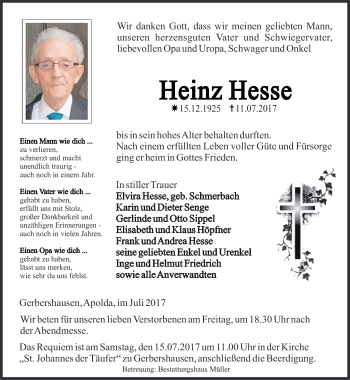 Traueranzeige von Heinz Hesse von Thüringer Allgemeine