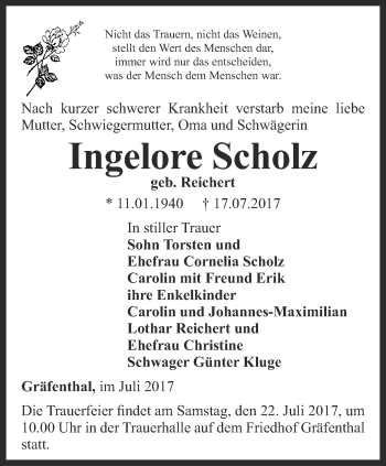 Traueranzeige von Ingelore Scholz von Ostthüringer Zeitung