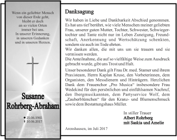 Traueranzeige von Susanne Rohrberg-Abraham von Thüringer Allgemeine