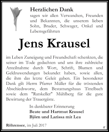 Traueranzeige von Jens Krausel von Thüringer Allgemeine