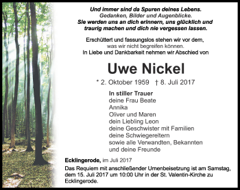 Traueranzeige von Uwe Nickel von Thüringer Allgemeine