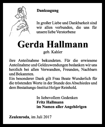 Traueranzeige von Gerda Hallmann von Ostthüringer Zeitung