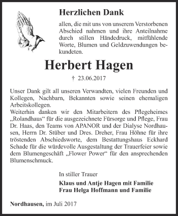 Traueranzeige von Herbert Hagen von Thüringer Allgemeine