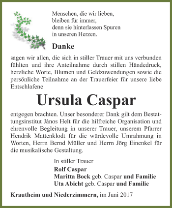 Traueranzeige von Ursula Caspar von Thüringer Allgemeine, Thüringische Landeszeitung