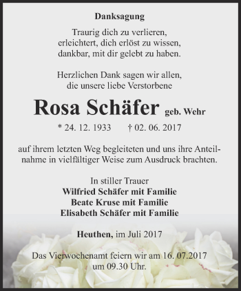 Traueranzeige von Rosa Schäfer von Thüringer Allgemeine