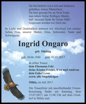 Traueranzeige von Ingrid Ongaro von Thüringer Allgemeine, Thüringische Landeszeitung