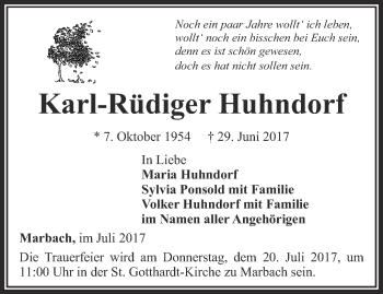 Traueranzeige von Karl-Rüdiger Huhndorf von Thüringer Allgemeine, Thüringische Landeszeitung