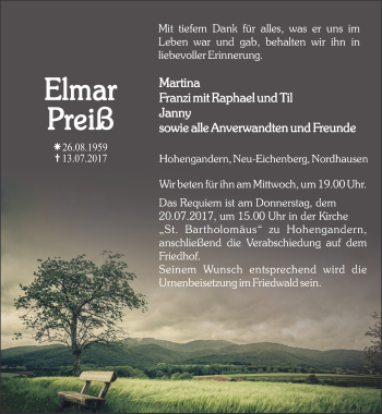 Traueranzeige von Elmar Preiß von Thüringer Allgemeine