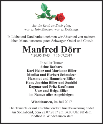 Traueranzeige von Manfred Dörr von Thüringer Allgemeine