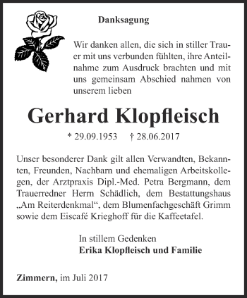 Traueranzeige von Gerhard Klopfleisch von Thüringer Allgemeine, Thüringische Landeszeitung