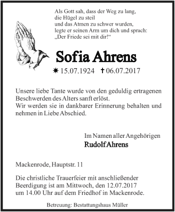Traueranzeige von Sofia Ahrens von Thüringer Allgemeine