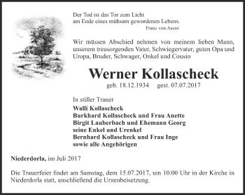 Traueranzeige von Werner Kollascheck von Thüringer Allgemeine, Thüringische Landeszeitung