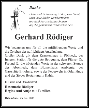 Traueranzeige von Gerhard Rödiger von Ostthüringer Zeitung, Thüringische Landeszeitung