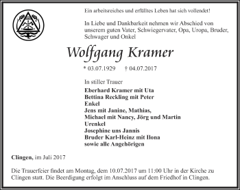 Traueranzeige von Wolfgang Kramer von Thüringer Allgemeine