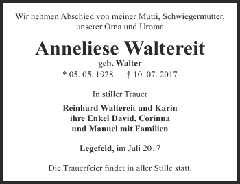 Traueranzeige von Anneliese Waltereit von Thüringer Allgemeine, Thüringische Landeszeitung