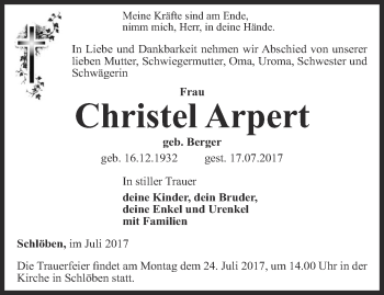 Traueranzeige von Christel Arpert von Ostthüringer Zeitung