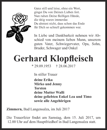 Traueranzeige von Gerhard Klopfleisch von Thüringer Allgemeine, Thüringische Landeszeitung