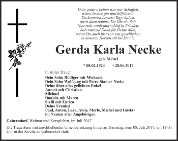 Traueranzeige von Gerda Karla Necke von Thüringer Allgemeine, Thüringische Landeszeitung