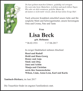 Traueranzeige von Lisa Beck von Ostthüringer Zeitung, Thüringische Landeszeitung