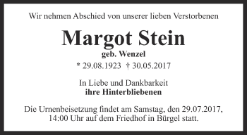 Traueranzeige von Margot Stein von Ostthüringer Zeitung