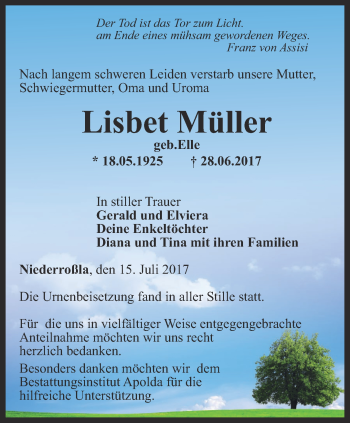 Traueranzeige von Lisbet Müller von Thüringer Allgemeine, Thüringische Landeszeitung