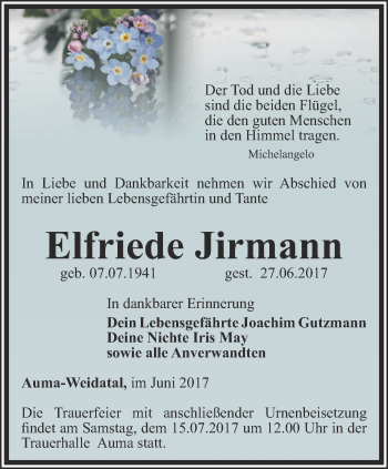 Traueranzeige von Elfriede Jirmann von Ostthüringer Zeitung