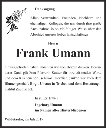 Traueranzeige von Frank Umann von Ostthüringer Zeitung