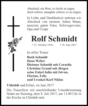 Traueranzeige von Rolf Schmidt von Ostthüringer Zeitung