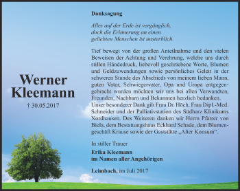 Traueranzeige von Werner Kleemann von Thüringer Allgemeine