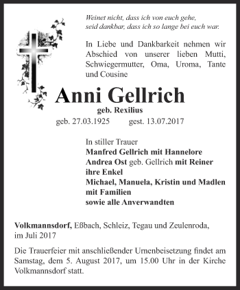 Traueranzeige von Anni Gellrich von Ostthüringer Zeitung