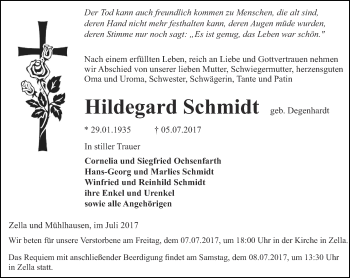 Traueranzeige von Hildegard Schmidt von Thüringer Allgemeine, Thüringische Landeszeitung