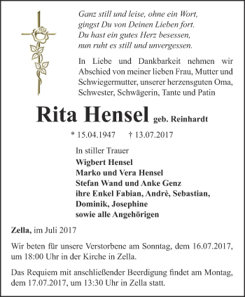 Traueranzeige von Rita Hensel von Thüringer Allgemeine, Thüringische Landeszeitung