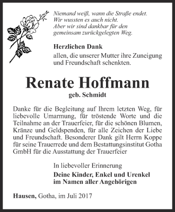 Traueranzeige von Renate Hoffmann von Ostthüringer Zeitung, Thüringische Landeszeitung