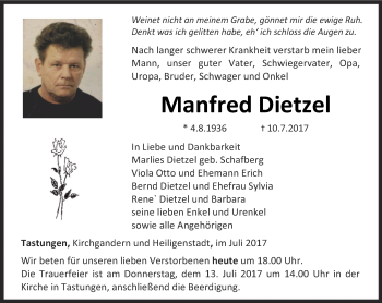 Traueranzeige von Manfred Dietzel von Thüringer Allgemeine