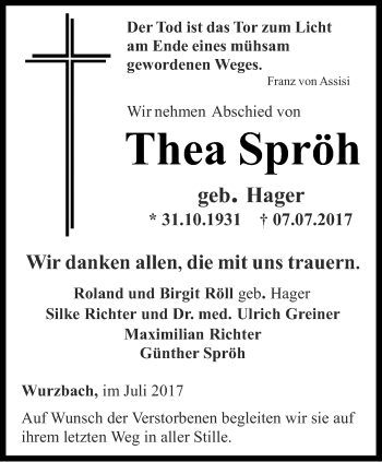 Traueranzeige von Thea Spröh von Ostthüringer Zeitung
