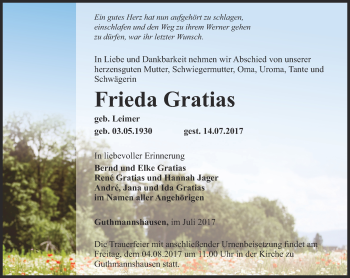 Traueranzeige von Frieda Gratias von Thüringer Allgemeine